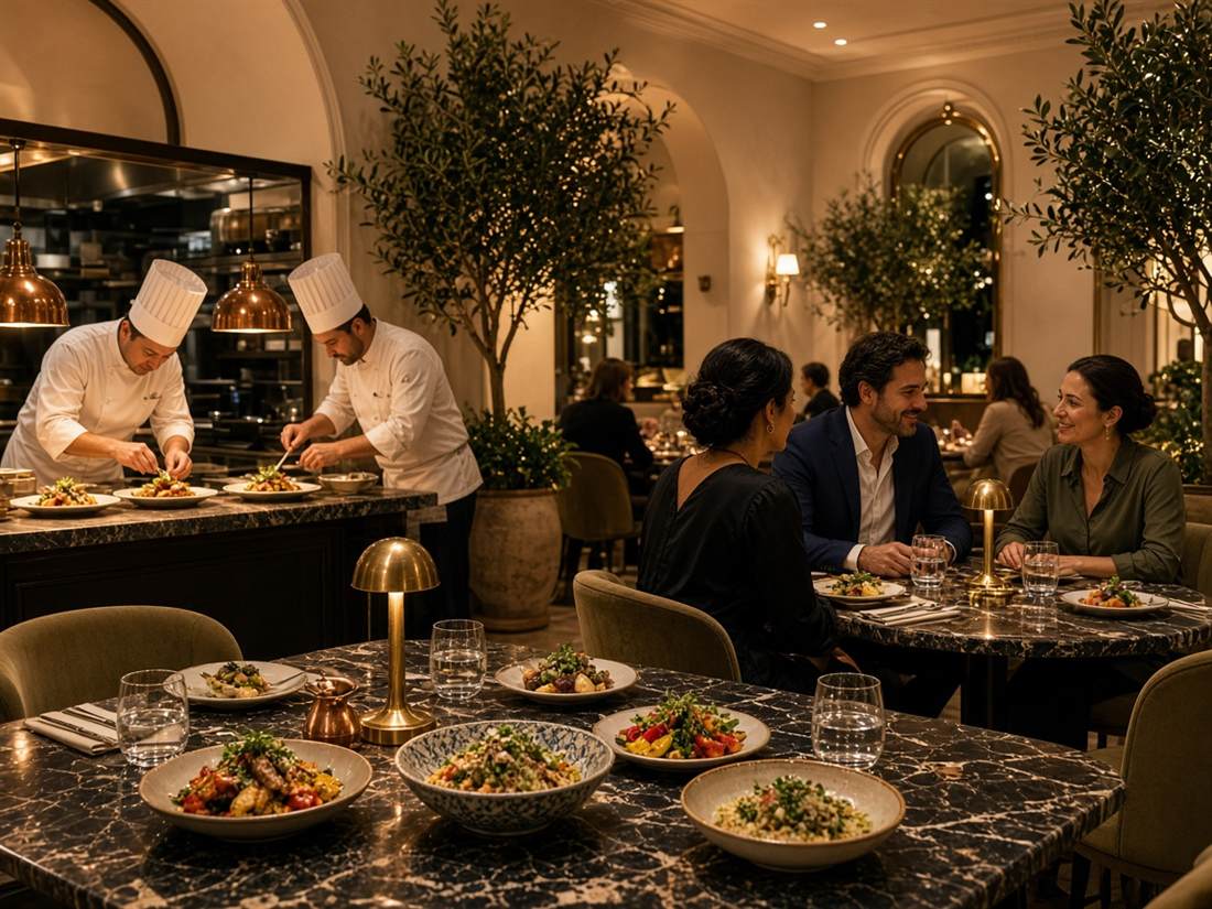 Salle à manger de TapasVille Bistro, assiettes de tapas et lumière chaude